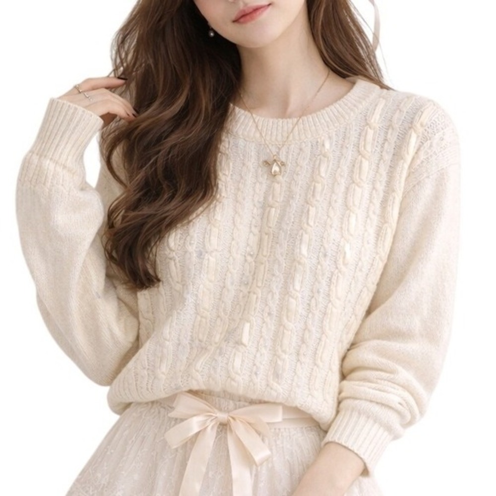 VTG Alfred Dunner Cable Knit Sweater Cream Pearl Ribbon PL Coquette Romantic 90s